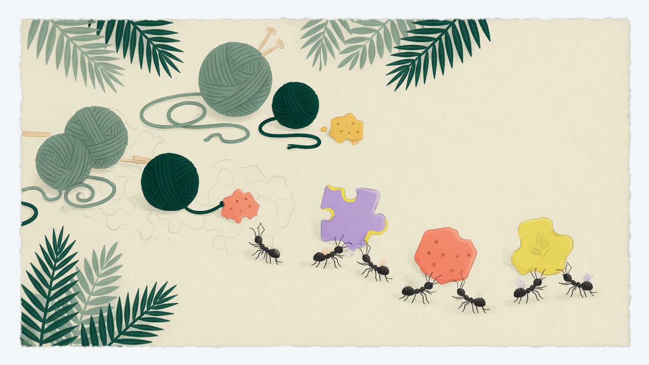 Soft illustration of yarn balls and tiny ants on a green meadow